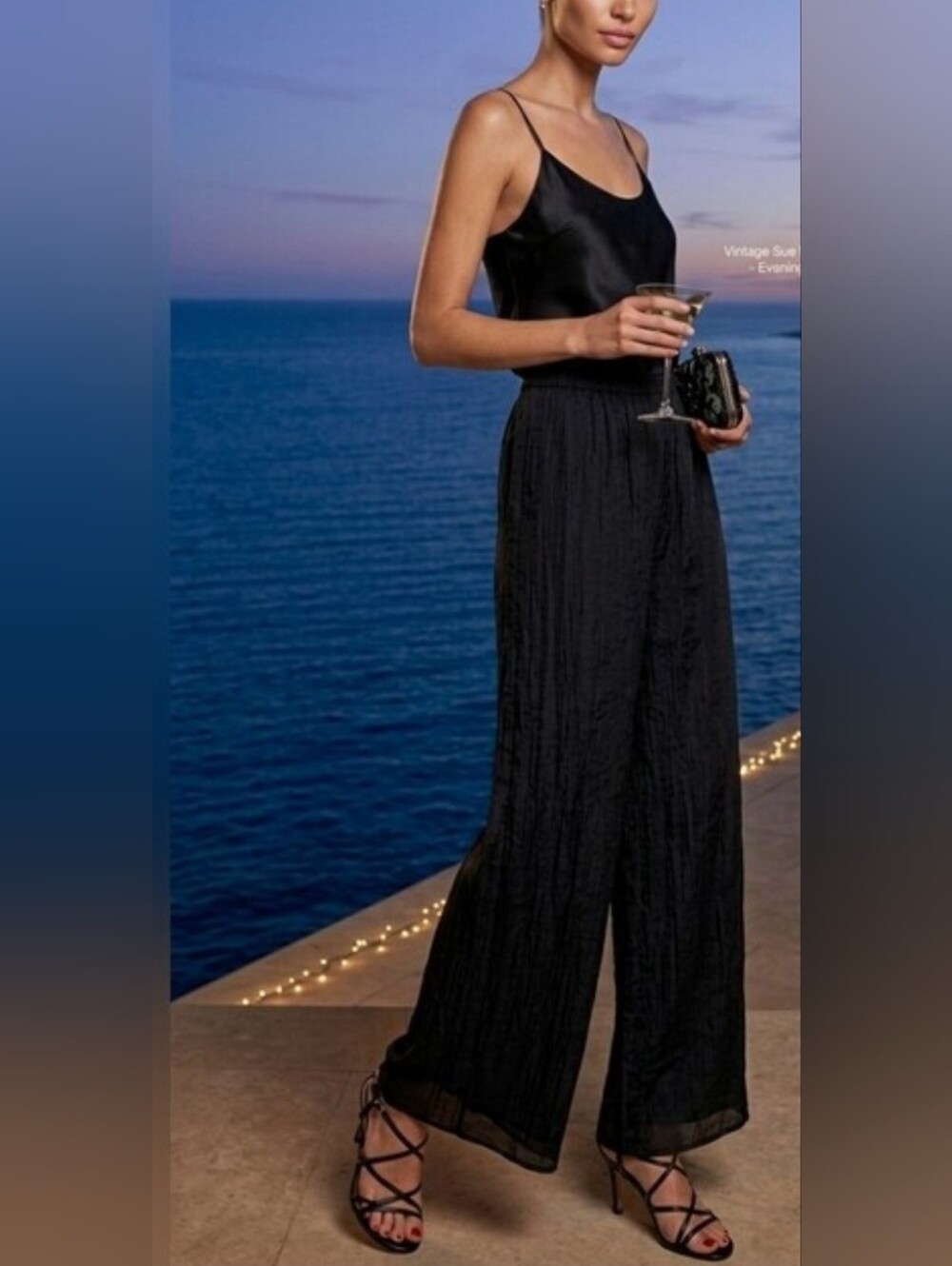 Vintage Designer Sue Wong Black Wide-Leg Crinkle Palazzo Pants - Picture 11 of 11